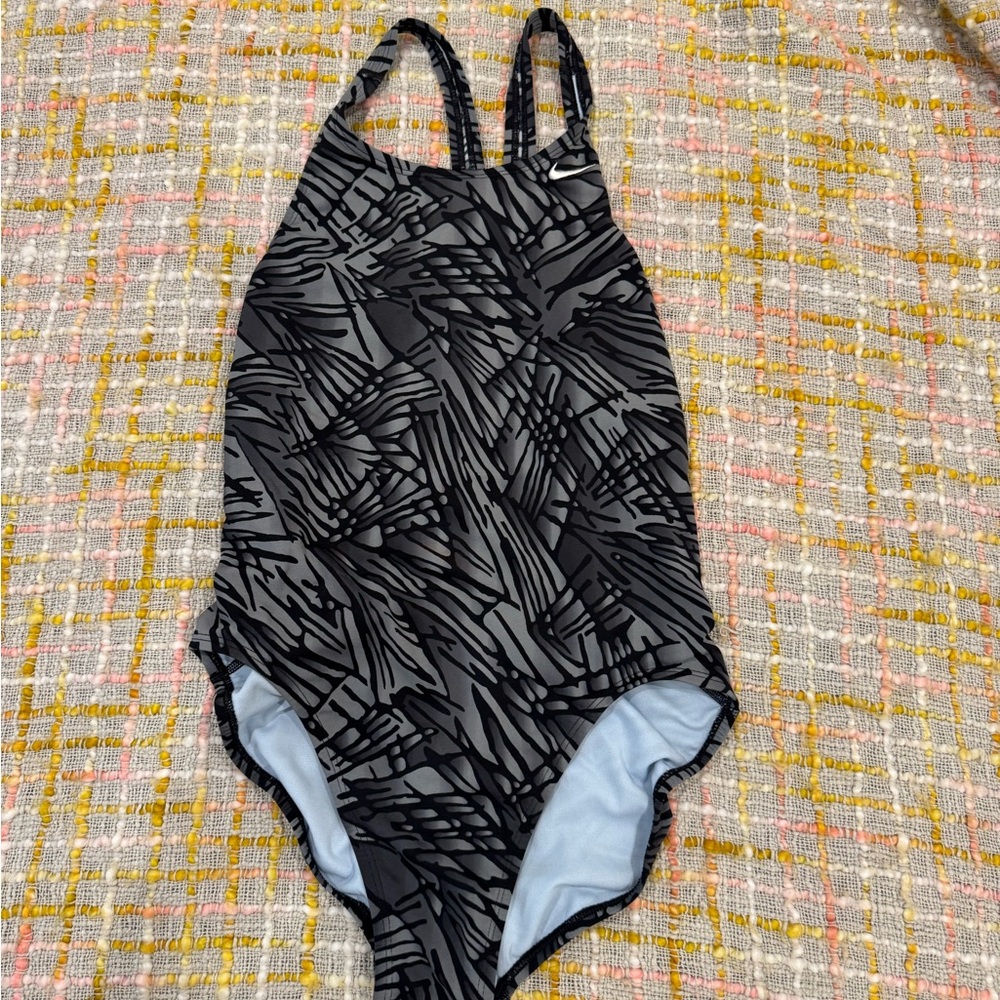 Nike Women's Black and Gray Patterned One Piece Swimsuit